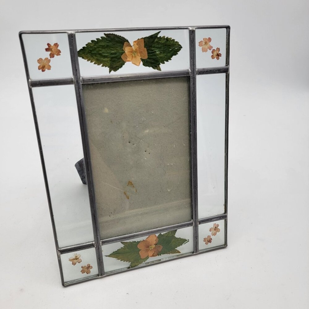 Vintage Stained Glass Photo Frame With Pressed Flowers